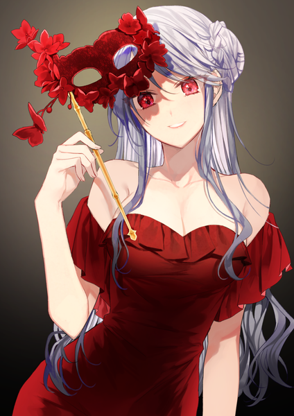 Anime picture 1034x1462 with original gambe single long hair tall image simple background smile red eyes holding looking away cleavage silver hair upper body hair bun (hair buns) grin dark background shaded face girl dress mask
