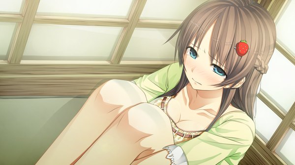 イラスト 2560x1440 と monobeno sawai natsuha cura 長髪 赤面 highres 青い目 茶色の髪 wide image game cg ハーフアップ 女の子 髪飾り