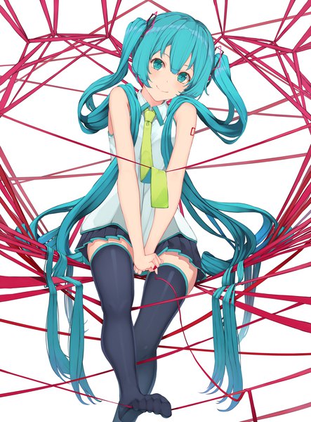 Anime picture 1615x2187 with vocaloid hatsune miku piisu single tall image looking at viewer fringe smile hair between eyes sitting twintails very long hair head tilt pleated skirt aqua eyes aqua hair no shoes sleeveless girl thighhighs