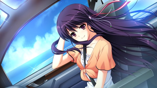 Anime picture 1280x720 with tojita sekai no tori colony single long hair smile red eyes wide image game cg purple hair wind car interior girl dress ground vehicle car