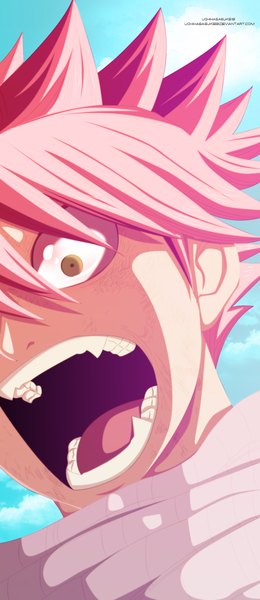 Anime picture 1000x2300 with fairy tail natsu dragneel gray-dous single tall image short hair open mouth brown eyes pink hair sky cloud (clouds) coloring close-up face angry screaming boy scarf
