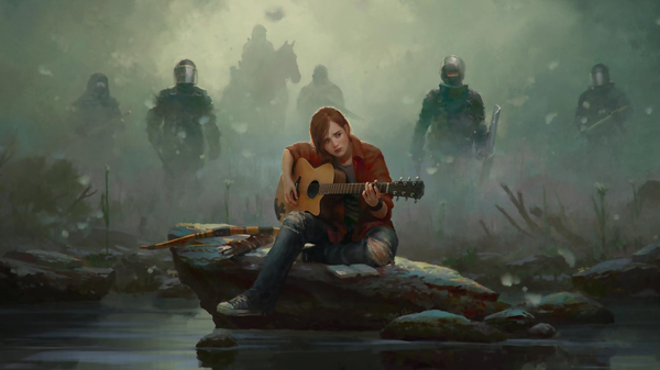 Anime-Bild 1280x720 mit the last of us ellie omen2501 blush short hair wide image sitting looking away orange hair realistic torn clothes soldier adult girl weapon plant (plants) animal shirt water shoes
