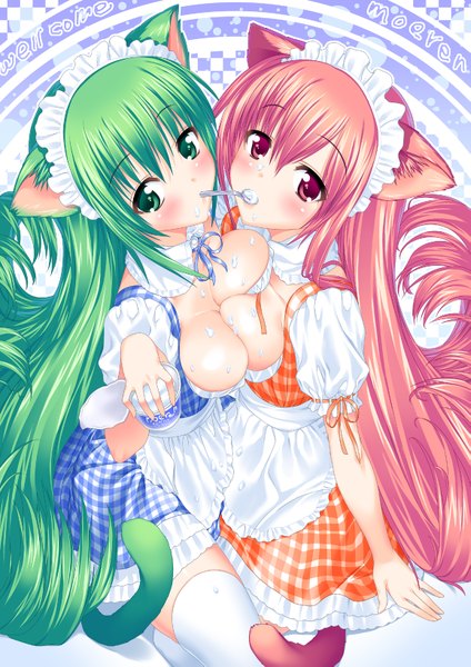 Anime picture 1157x1637 with suzume inui kyamu (qqea92z9n) tall image light erotic purple eyes multiple girls green eyes animal ears pink hair tail green hair maid cat girl breast press girl 2 girls