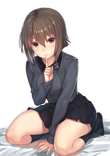 Anime picture 1265x1789 with girls und panzer nishizumi maho kagematsuri single tall image looking at viewer blush fringe short hair simple background hair between eyes brown hair white background brown eyes arm support finger to mouth between legs girl skirt miniskirt