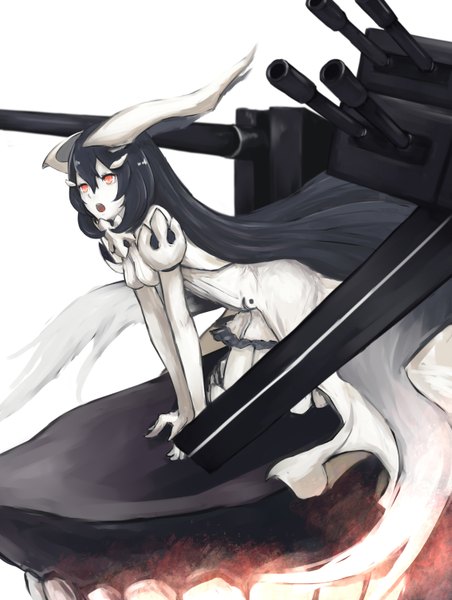 Anime picture 1134x1504 with kantai collection anchorage oni takagaki eru single tall image fringe open mouth black hair simple background white background very long hair profile horn (horns) :o short sleeves orange eyes on all fours white skin shinkaisei-kan girl