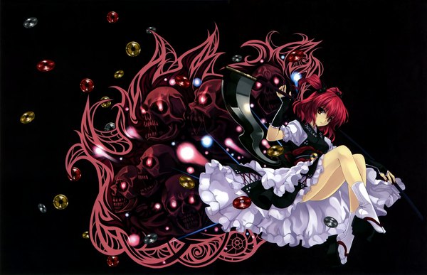 Anime picture 3500x2260 with touhou onozuka komachi misaki kurehito highres short hair red eyes twintails absurdres red hair black background short twintails girl dress skull scythe geta coin (coins) disk