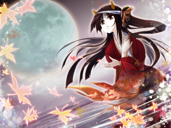 Anime picture 1536x1152 with hana ta single long hair black hair red eyes japanese clothes horn (horns) oni horns girl kimono leaf (leaves) moon