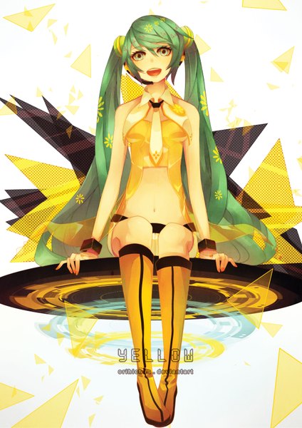 Anime picture 2480x3507 with vocaloid yellow (vocaloid) hatsune miku persona92 (orichie) single long hair tall image looking at viewer highres open mouth sitting twintails bare shoulders signed aqua eyes aqua hair inscription girl navel shorts