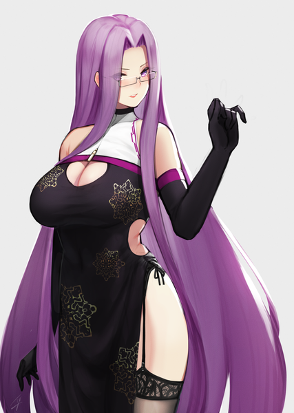 Anime picture 1190x1670 with fate (series) fate/stay night rider hayabusa single tall image looking at viewer breasts light erotic simple background large breasts purple eyes bare shoulders purple hair very long hair traditional clothes parted lips grey background chinese clothes side slit