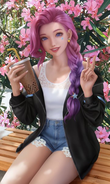 Anime picture 3900x6500 with league of legends seraphine (league of legends) wickellia single long hair tall image looking at viewer highres smile sitting purple eyes holding signed payot pink hair absurdres outdoors braid (braids) nail polish head tilt