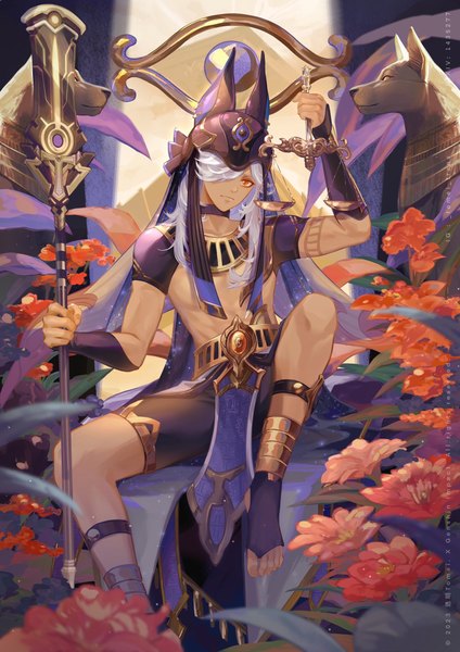 Anime picture 2826x4000 with genshin impact cyno (genshin impact) transparent (artist) single long hair tall image fringe highres red eyes sitting holding looking away silver hair traditional clothes hair over one eye egyptian clothes boy flower (flowers) weapon headdress