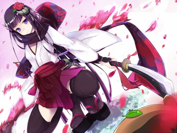 Anime picture 1431x1078 with inu x boku ss david production shirakiin ririchiyo single long hair purple eyes purple hair traditional clothes japanese clothes hair flower horn (horns) girl thighhighs hair ornament weapon black thighhighs petals scarf