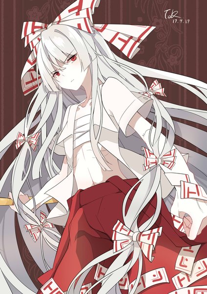 Anime picture 2480x3507 with touhou fujiwara no mokou toriki single tall image looking at viewer blush fringe highres red eyes standing signed payot silver hair blunt bangs very long hair bare belly short sleeves dutch angle open shirt