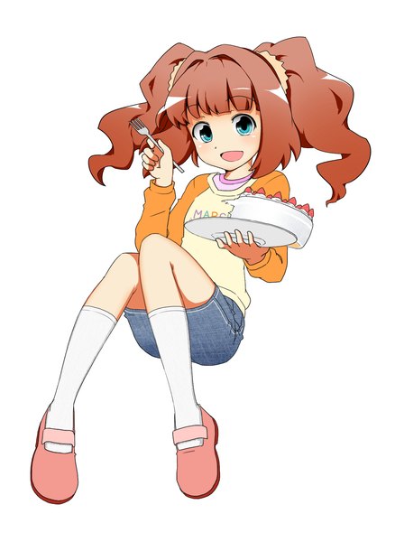 Anime picture 1390x1902 with idolmaster takatsuki yayoi raoorica single long hair tall image looking at viewer blush fringe open mouth blue eyes simple background smile brown hair white background happy girl socks shoes sweets