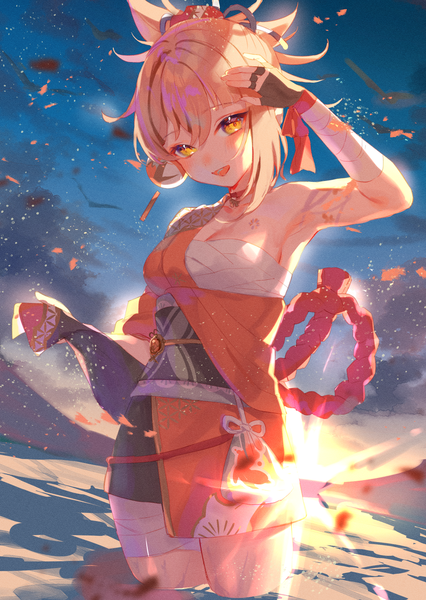 Anime picture 1447x2039 with genshin impact yoimiya (genshin impact) harushio single tall image looking at viewer fringe short hair breasts open mouth blonde hair smile hair between eyes bare shoulders yellow eyes outdoors traditional clothes :d japanese clothes arm up