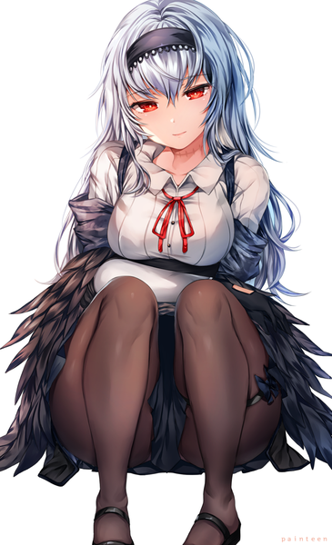 Anime picture 900x1478 with girls frontline thunder (girls frontline) zerocat single long hair tall image looking at viewer blush fringe breasts light erotic simple background hair between eyes red eyes white background signed payot silver hair bent knee (knees) long sleeves