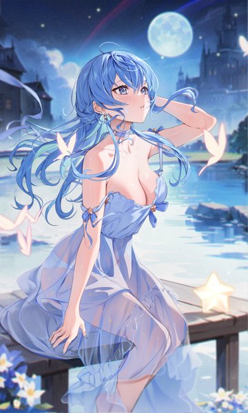 Anime picture 2400x4000 with virtual youtuber hololive hoshimachi suisei houkisei single long hair tall image blush fringe highres breasts blue eyes light erotic hair between eyes large breasts sitting bare shoulders blue hair cleavage cloud (clouds)