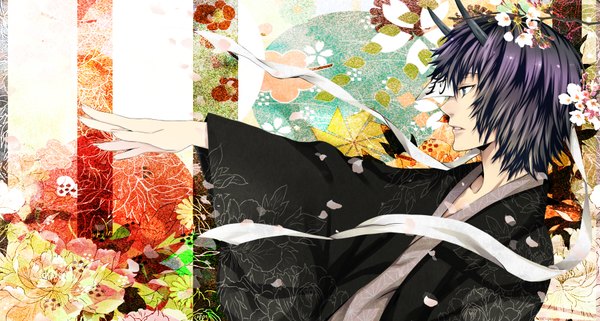 Anime picture 1800x964 with natsume yuujinchou brains base (studio) tanuma kaname gin sakura single highres short hair open mouth blue eyes black hair wide image purple hair profile horn (horns) cherry blossoms outstretched arm boy flower (flowers) ribbon (ribbons) petals