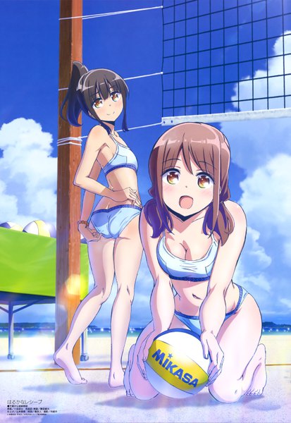 Anime picture 4084x5927 with harukana receive megami magazine oozora haruka (harukana receive) higa kanata oda takeshi long hair tall image looking at viewer blush highres open mouth light erotic black hair brown hair multiple girls brown eyes absurdres sky cloud (clouds) ponytail