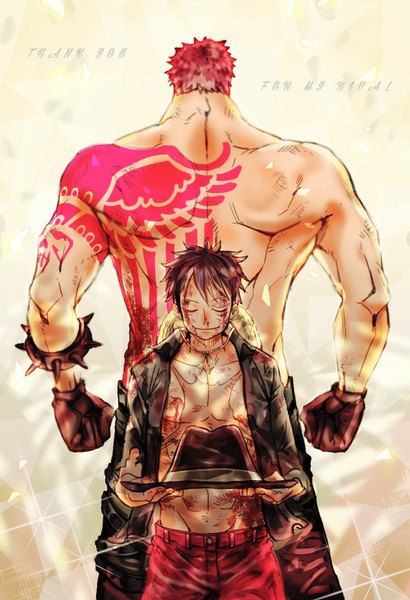 Anime picture 1048x1532 with one piece toei animation monkey d. luffy charlotte katakuri living (pixiv5031111) tall image fringe short hair black hair smile hair between eyes standing holding red hair eyes closed from behind open jacket multiple boys sparkle tattoo