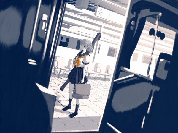 Anime picture 1280x960 with emukami single smile girl skirt uniform school uniform serafuku school bag train station