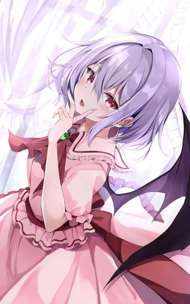 Anime picture 1276x2048 with touhou remilia scarlet hyurasan single tall image looking at viewer blush fringe short hair breasts open mouth hair between eyes standing payot purple hair head tilt arm up fingernails teeth short sleeves