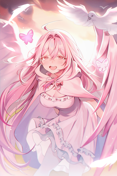 Anime-Bild 2800x4200 mit original gyum (myyyyyon) single long hair tall image looking at viewer blush fringe highres breasts open mouth smile hair between eyes standing pink hair ahoge :d pink eyes leaning leaning forward