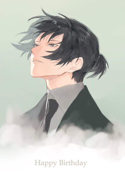 Anime picture 1438x2047 with psycho-pass production i.g nobuchika ginoza yokuni (yokunill001121) single tall image short hair black hair simple background looking away ponytail parted lips black eyes portrait happy birthday green background boy necktie