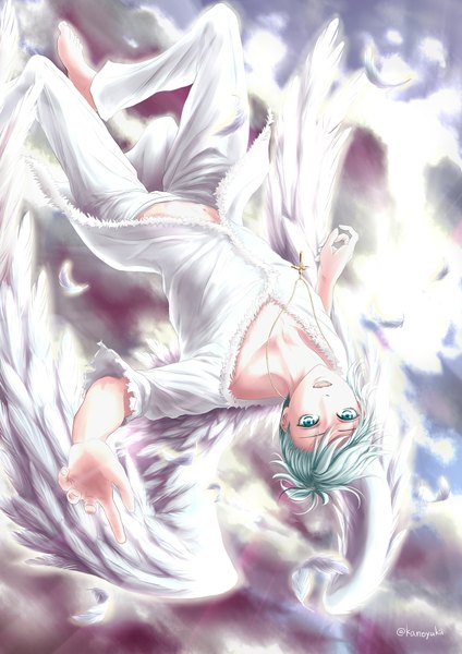 Anime picture 1447x2046 with uta no prince-sama a-1 pictures mikaze ai single tall image looking at viewer fringe short hair green eyes sky barefoot fingernails green hair alternate costume outstretched arm white wings upside down boy navel wings