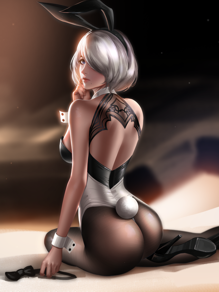 Anime picture 3000x4000 with nier nier:automata yorha no. 2 type b liang xing single tall image looking at viewer fringe highres short hair breasts blue eyes light erotic sitting bare shoulders animal ears silver hair ass tail animal tail