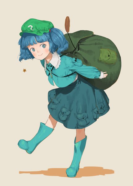Anime picture 1200x1680 with touhou kawashiro nitori daifukumochi (qquuiieett) single tall image looking at viewer fringe short hair blue eyes simple background smile standing twintails blue hair full body blunt bangs long sleeves leaning leaning forward standing on one leg