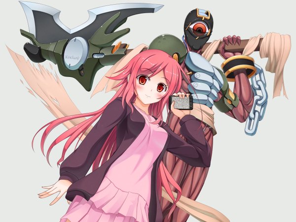 Anime picture 2800x2100 with original moeki yuuta long hair blush highres red eyes pink hair girl dress weapon chain monster phone