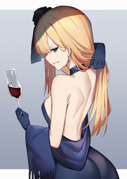 Anime picture 2508x3541 with fate (series) fate/grand order lord el-melloi ii case files reines el-melloi archisorte yuuuuu single long hair tall image looking at viewer fringe highres breasts light erotic simple background blonde hair smile standing bare shoulders holding green eyes