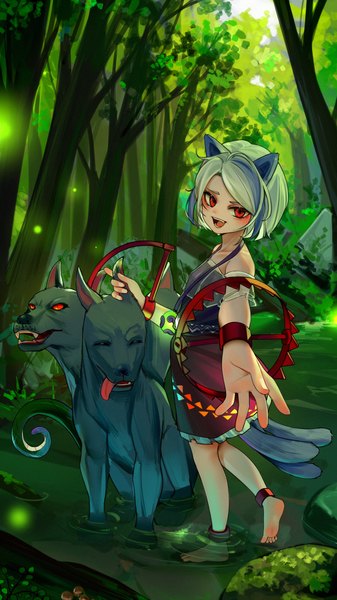 Anime picture 2160x3840 with touhou mitsugashira enoko kourou (kouroukun) single tall image looking at viewer highres short hair open mouth red eyes animal ears silver hair tail :d animal tail multicolored hair streaked hair partially submerged outstretched hand dog ears