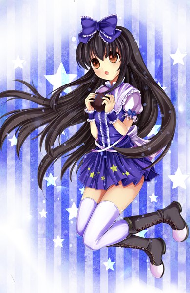 Anime picture 2600x4000 with touhou star sapphire vivian (lancerhd) single long hair tall image blush highres open mouth black hair brown eyes :o striped background girl thighhighs dress bow hair bow white thighhighs boots