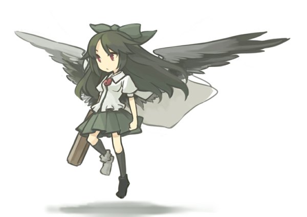 Anime picture 1116x792 with touhou reiuji utsuho minoa (lastswallow) single long hair black hair simple background red eyes white background pleated skirt black wings arm cannon girl bow weapon hair bow socks black socks cape