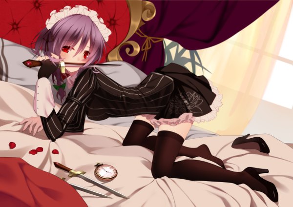 Anime picture 4960x3507 with touhou izayoi sakuya suisai single looking at viewer highres short hair red eyes absurdres grey hair maid girl thighhighs dress gloves black thighhighs petals headdress fingerless gloves maid headdress