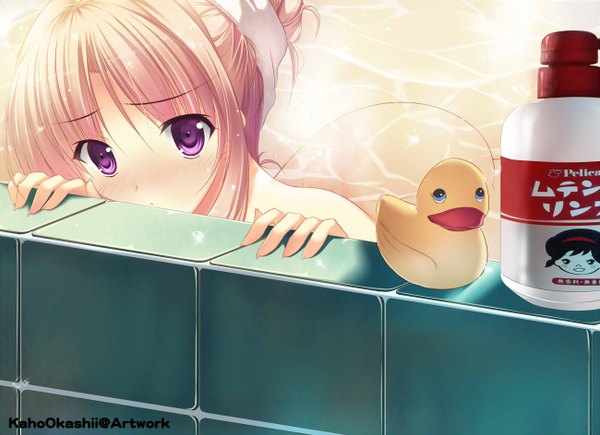 Anime picture 1300x944 with original kaho okashii single long hair blush purple eyes pink hair light girl water rubber duck