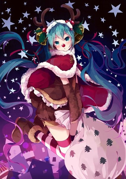 Anime picture 744x1052 with vocaloid hatsune miku mikuru rumisora single tall image looking at viewer blush twintails ahoge very long hair horn (horns) aqua eyes aqua hair fur trim christmas jumping fake antlers girl thighhighs detached sleeves