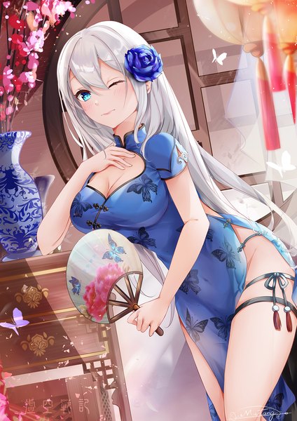 Anime picture 1400x1980 with original mutang single long hair tall image looking at viewer blush fringe breasts blue eyes light erotic hair between eyes large breasts standing holding signed payot cleavage silver hair indoors