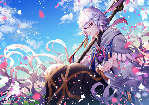 Anime picture 1000x707 with fate (series) fate/grand order merlin (fate) umeno shii single looking at viewer fringe hair between eyes sitting purple eyes sky silver hair cloud (clouds) very long hair outstretched hand boy petals