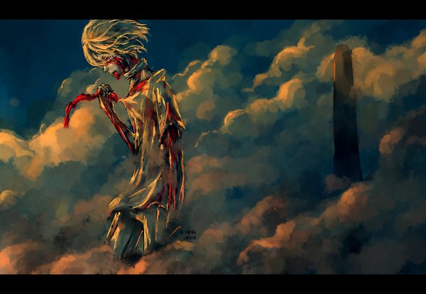 Anime picture 1300x900 with dogs: bullets & carnage david production haine rammsteiner nanfe single short hair blonde hair red eyes signed cloud (clouds) white hair torn clothes letterboxed smoke boy blood collar