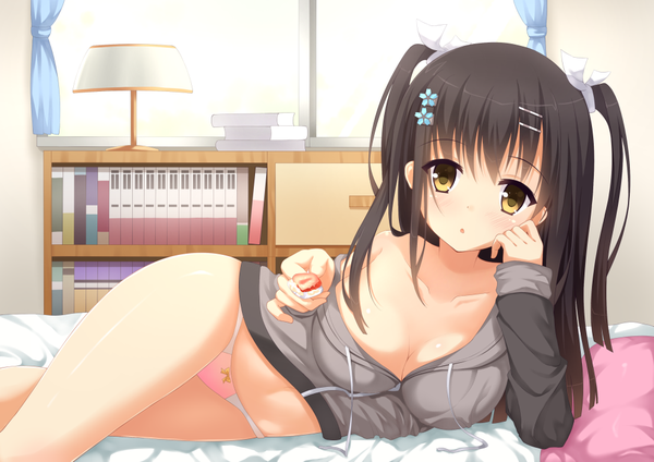 Anime picture 1000x707 with sanoba witch yuzusoft togakushi touko suzuame yatsumi single long hair looking at viewer blush light erotic black hair holding yellow eyes cleavage off shoulder :o two side up on side reclining head rest girl
