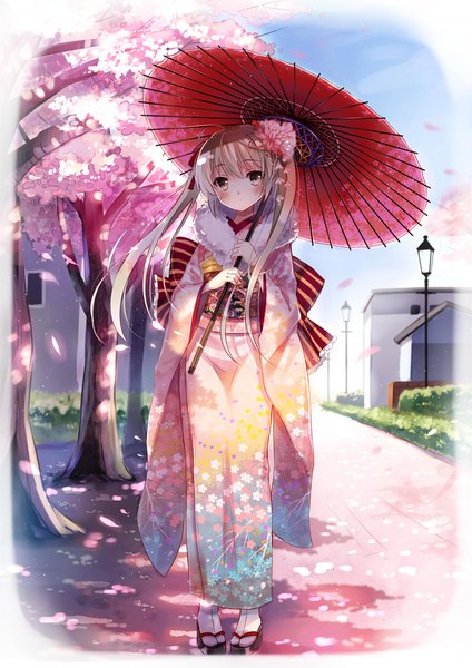 Anime picture 744x1052 with yosuga no sora kasugano sora jiji (381134808) single long hair tall image looking at viewer blush twintails yellow eyes silver hair traditional clothes japanese clothes hair flower wide sleeves fur trim cherry blossoms floral print street girl