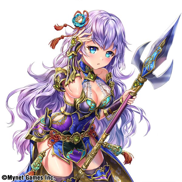 Anime picture 1000x1000 with sangoku infinity esphy single long hair looking at viewer blush fringe breasts open mouth blue eyes simple background hair between eyes large breasts standing white background bare shoulders holding cleavage purple hair parted lips