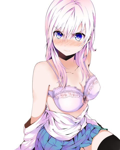 Anime picture 2500x3125 with original yorughi single long hair tall image looking at viewer blush highres breasts blue eyes light erotic simple background large breasts white background bare shoulders absurdres silver hair pleated skirt off shoulder embarrassed