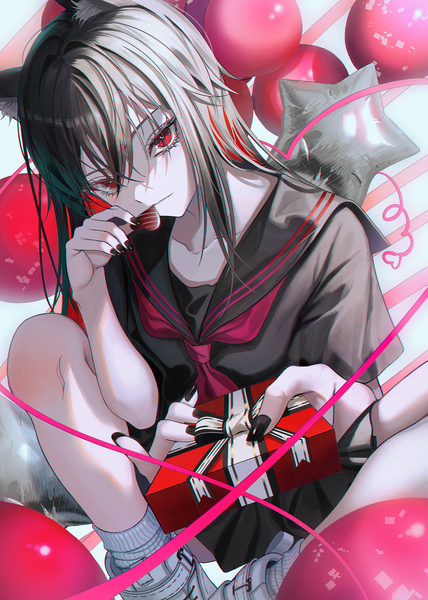 Anime picture 2976x4175 with arknights texas (arknights) noubin single long hair tall image looking at viewer blush fringe highres black hair hair between eyes red eyes sitting holding animal ears nail polish head tilt multicolored hair fingernails