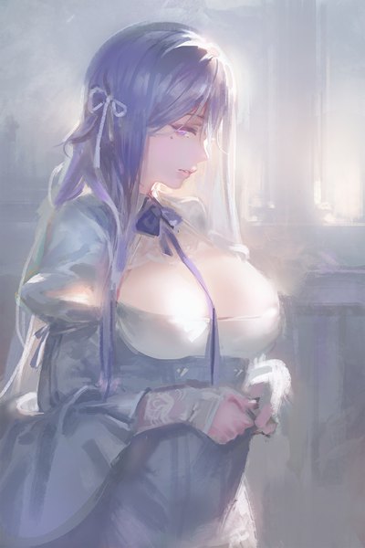 Anime picture 720x1080 with original kishiyo long hair tall image looking at viewer fringe breasts light erotic large breasts purple eyes purple hair long sleeves light smile mole wide sleeves mole under eye girl ribbon (ribbons) bow hair ribbon