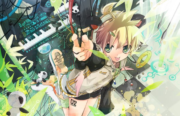 Anime picture 1200x777 with vocaloid kagamine len hekicha looking at viewer fringe short hair blonde hair green eyes tattoo plant (plants) shorts tongue headphones leaf (leaves) wire (wires) bamboo panda keys
