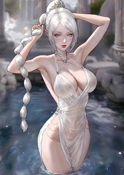 Anime picture 707x1000 with dungeons and dragons baldur's gate baldur's gate 3 shadowheart (baldur's gate) abigail diaz single long hair tall image looking at viewer blush fringe breasts light erotic large breasts standing signed cleavage silver hair outdoors aqua eyes
